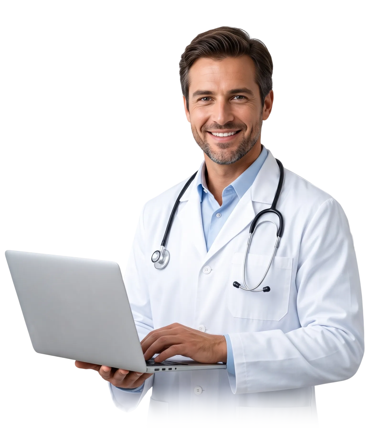 Doctor holding a laptop, smiling